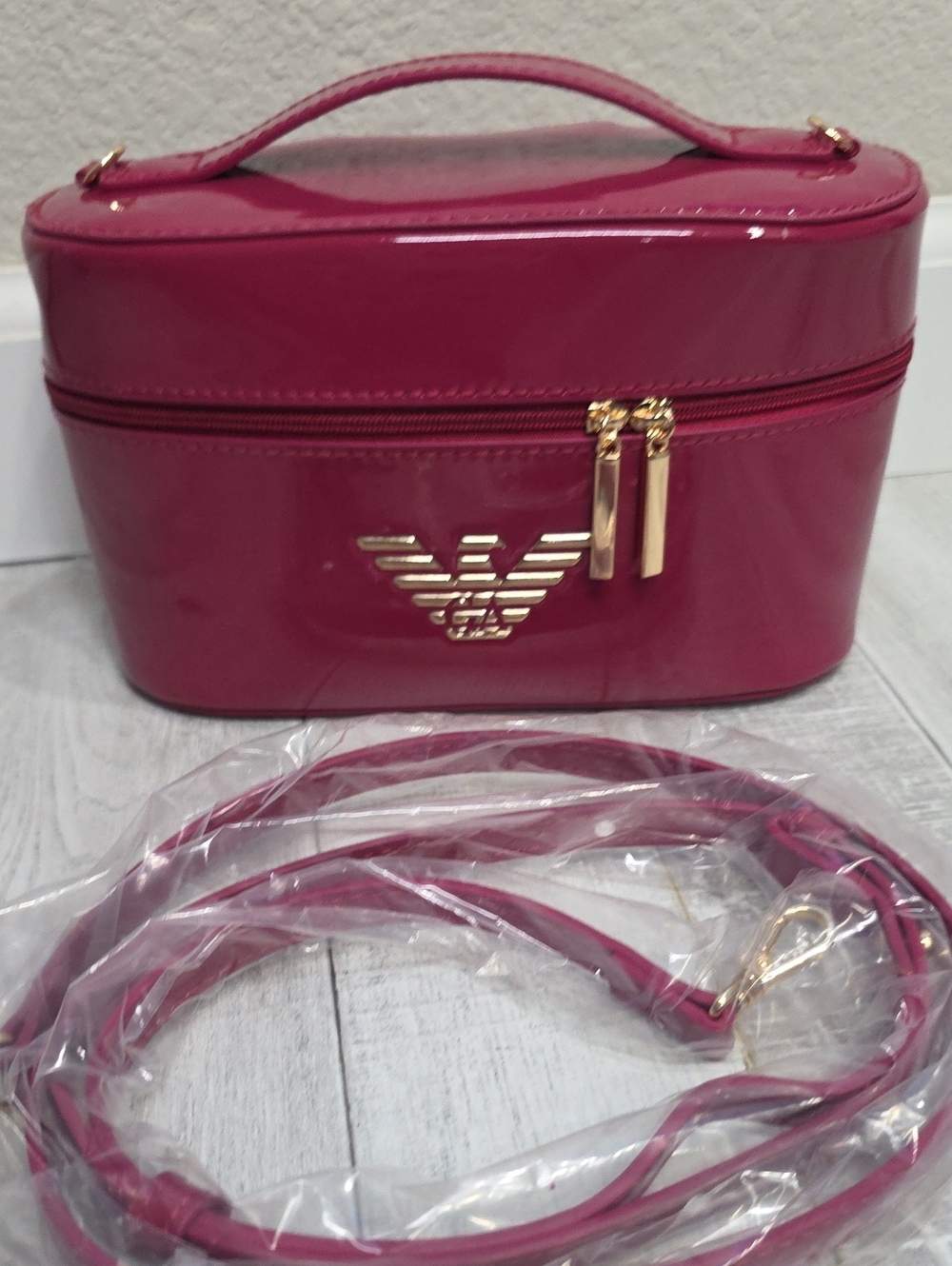 Emporio Armani Fuchsia Patent Cosmetic Case with Gold Hardware